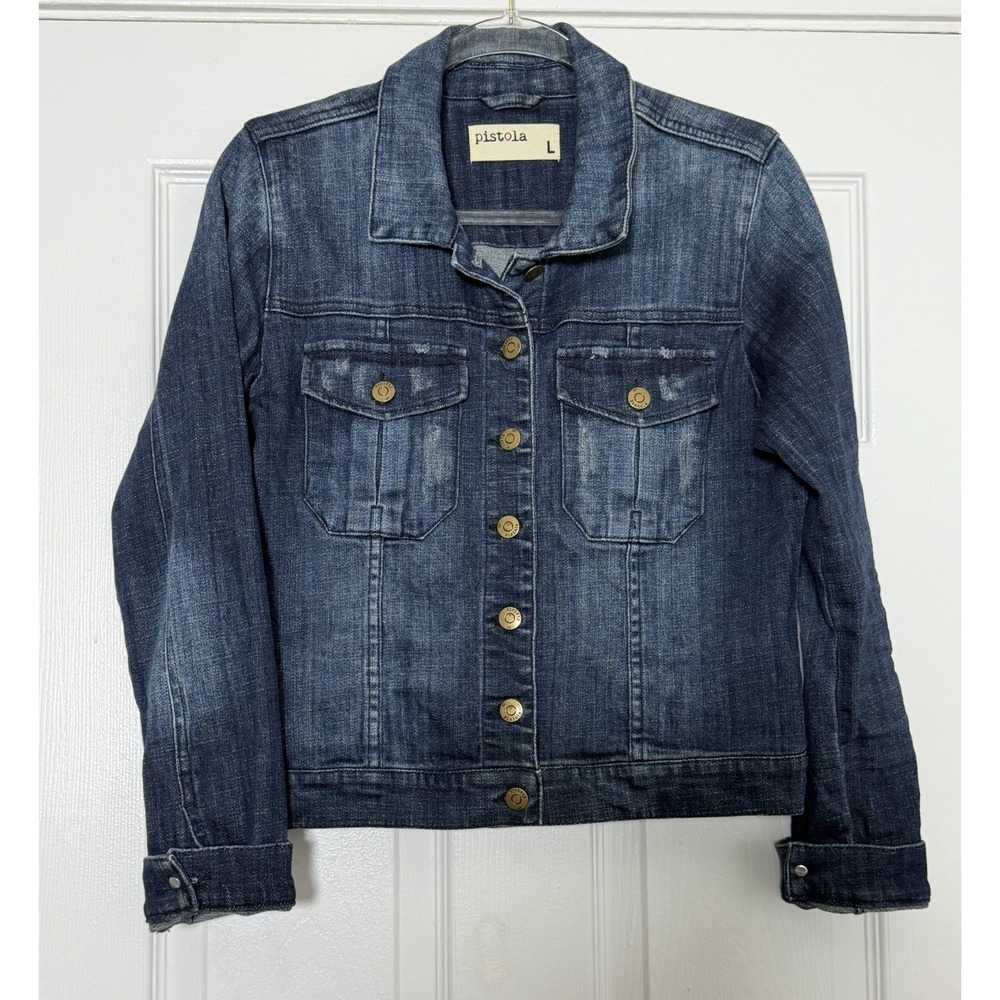 Pistola Emmen Cropped Jacket Dark‎ Wash Distressed Denim Women's Large